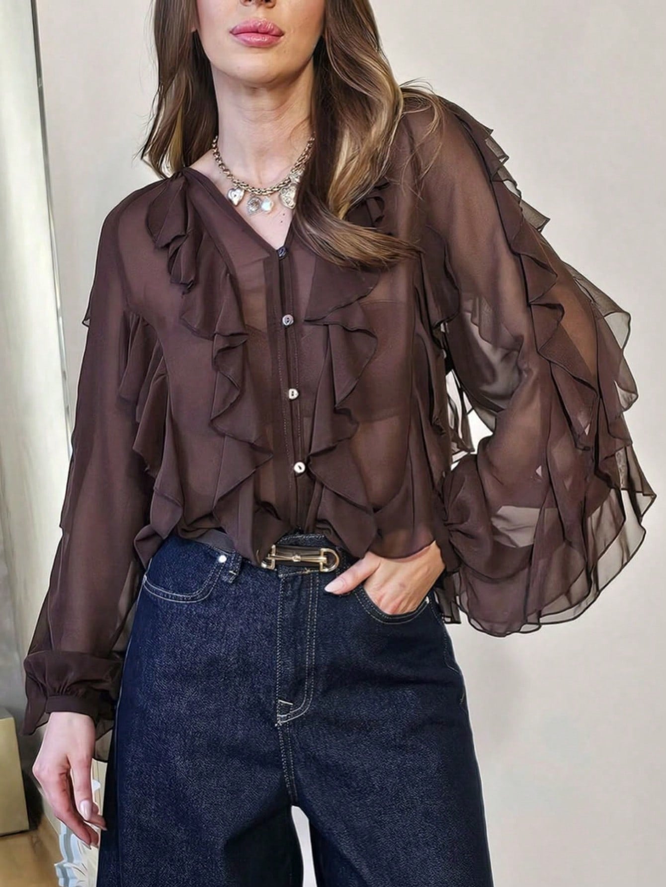 Sheer Ruffle Trim Button Down Blouse