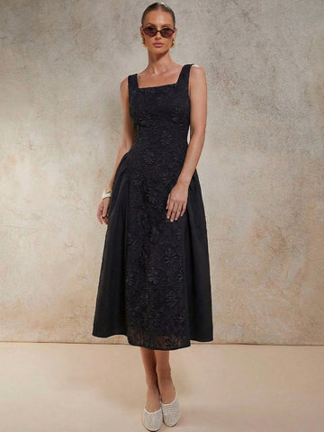 Elegant Embroidered Square Neck Midi Dress
