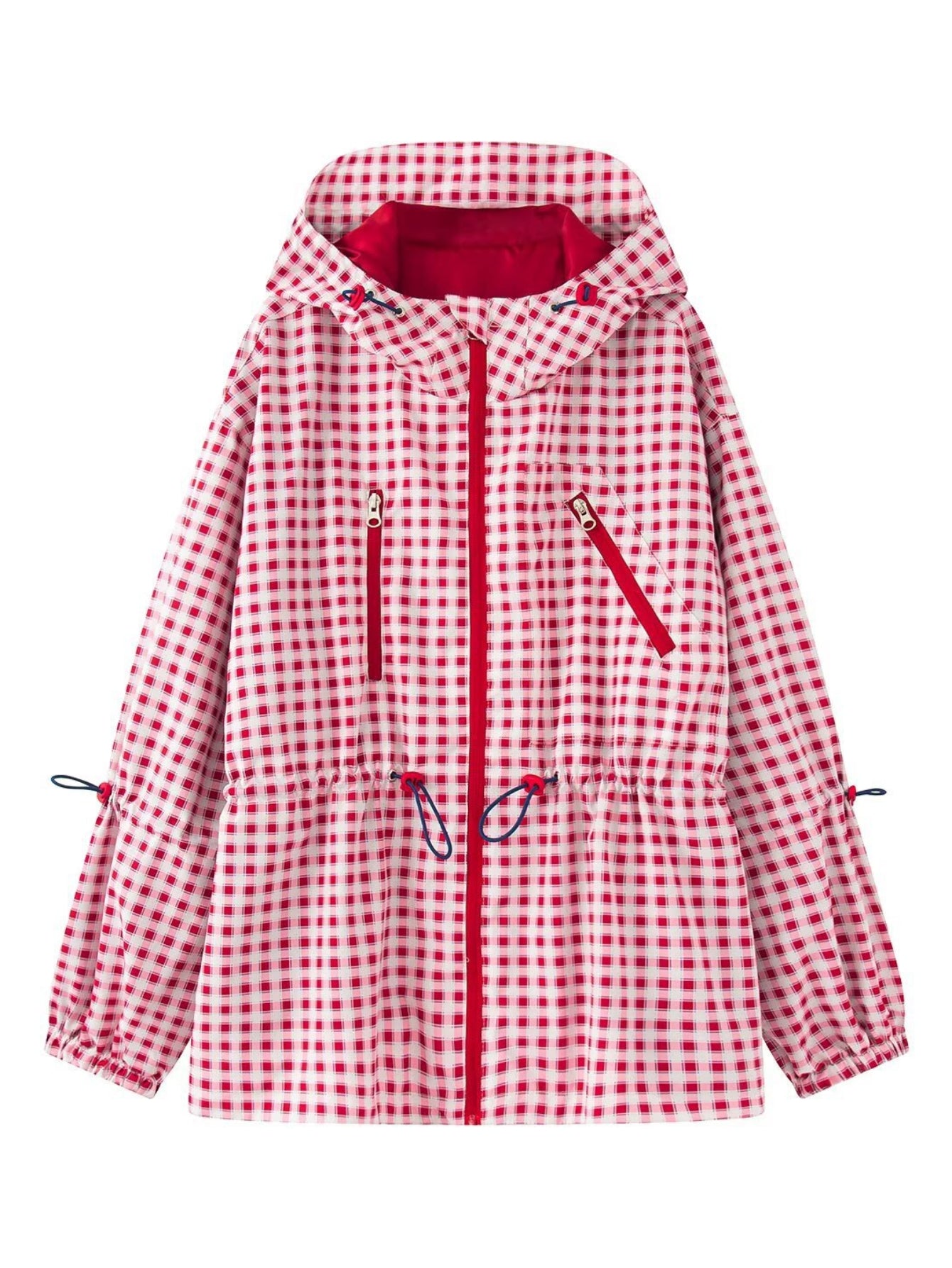Gingham Drawstring Waist Hooded Jacket