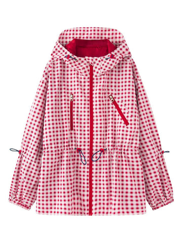 Gingham Drawstring Waist Hooded Jacket