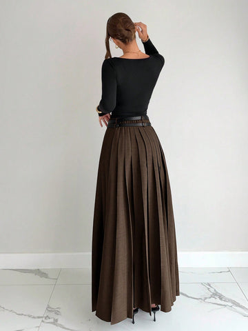 High Slit Pleated Maxi Skirt