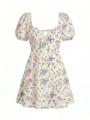 AYLA Floral Print Puff Sleeve Tiered Mini Dress