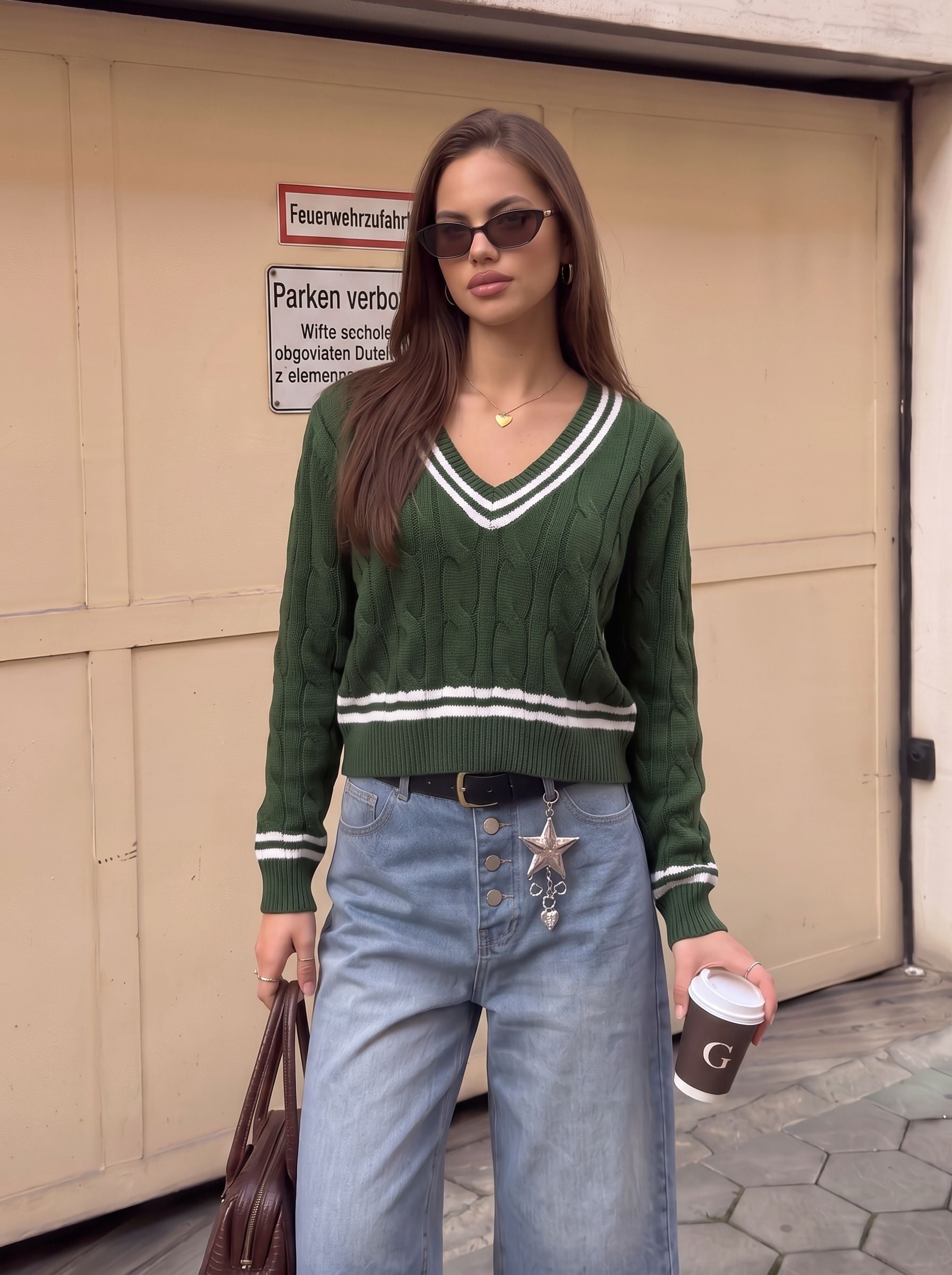 Preppy V Neck Cable Knit Sweater