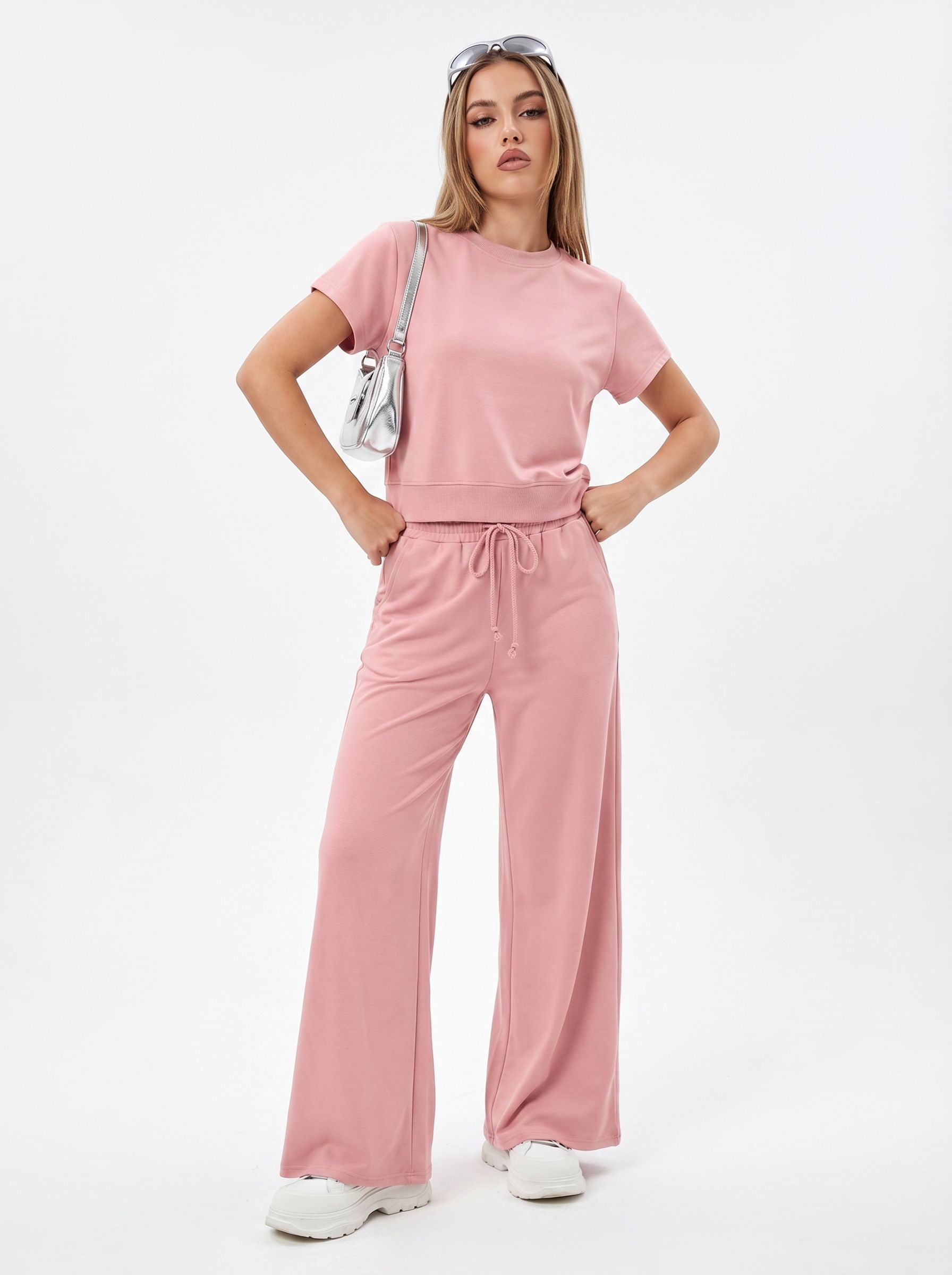 Pink Drawstring Waist Pants Set