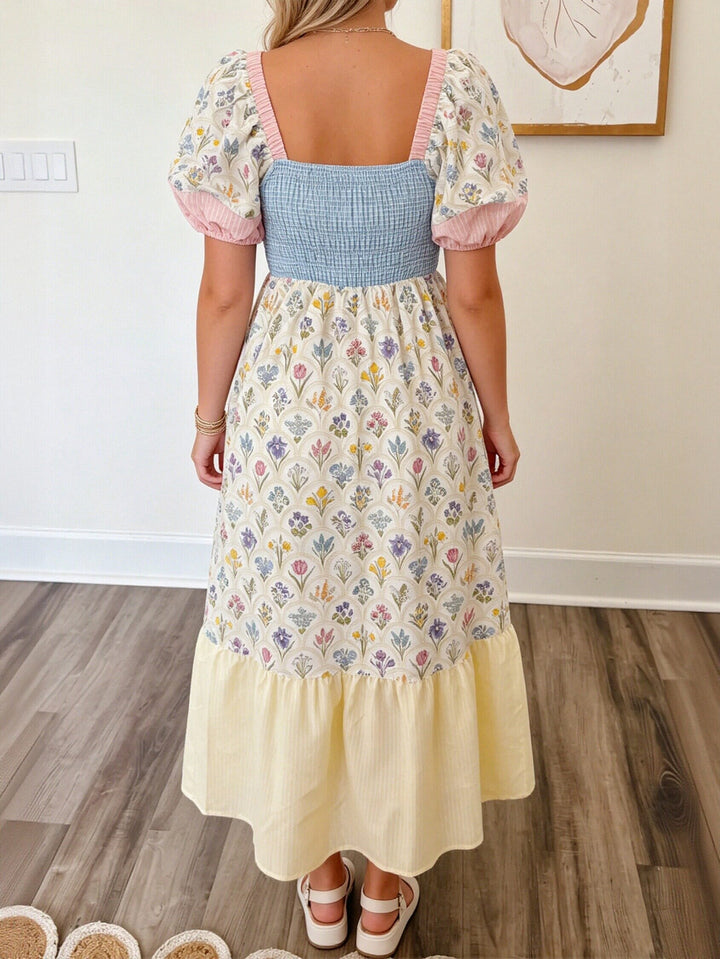 Smocked Puff Sleeve Floral Midi Dress