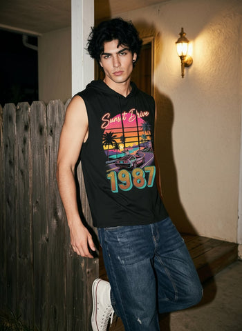Retro Graphic Hooded Sleeveless Tank Top