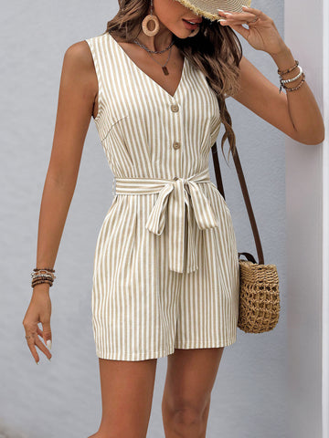 V Neck Striped Pattern Romper