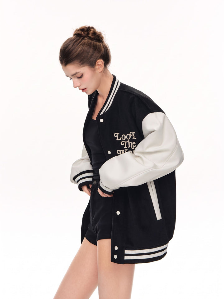 Oversized Colorblock Embroidered Varsity Jacket