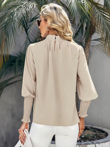 Elegant Pleated Smocked Cuff Blouse