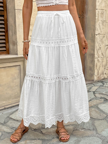 Lace-Trim Drawstring Casual Midi Skirt