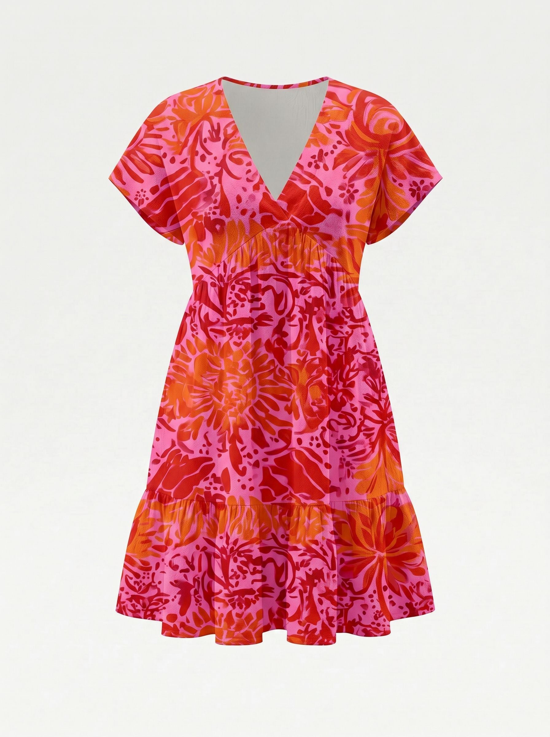Floral Print V Neck Tiered Babydoll Mini Dress