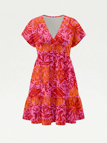 Floral Print V Neck Tiered Babydoll Mini Dress
