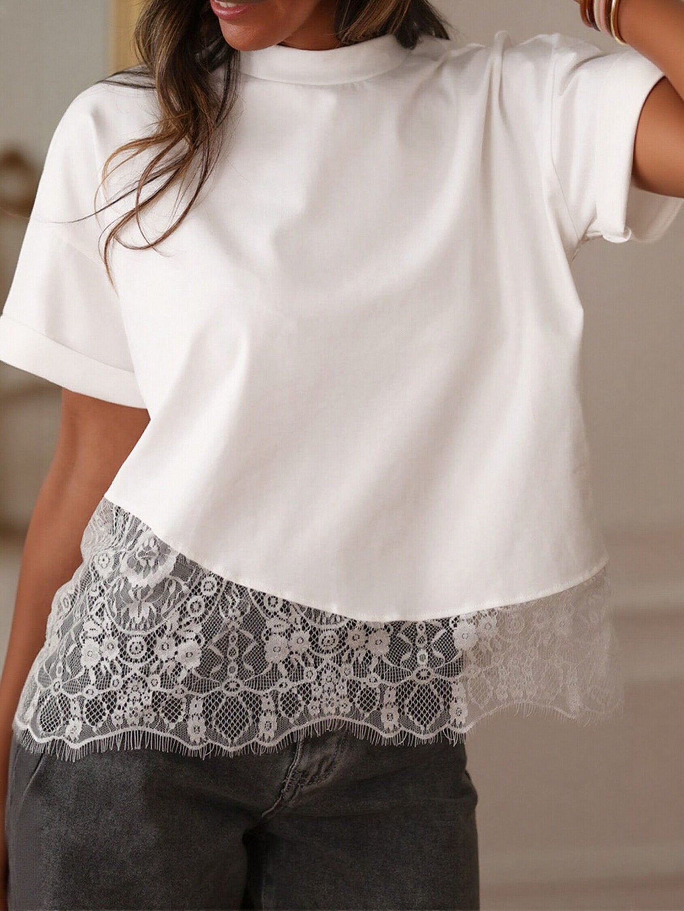 Lace Trim Casual Boxy T Shirt