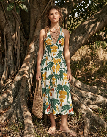 AURELIA Floral Print Halter Neck Tie Back Midi Dress