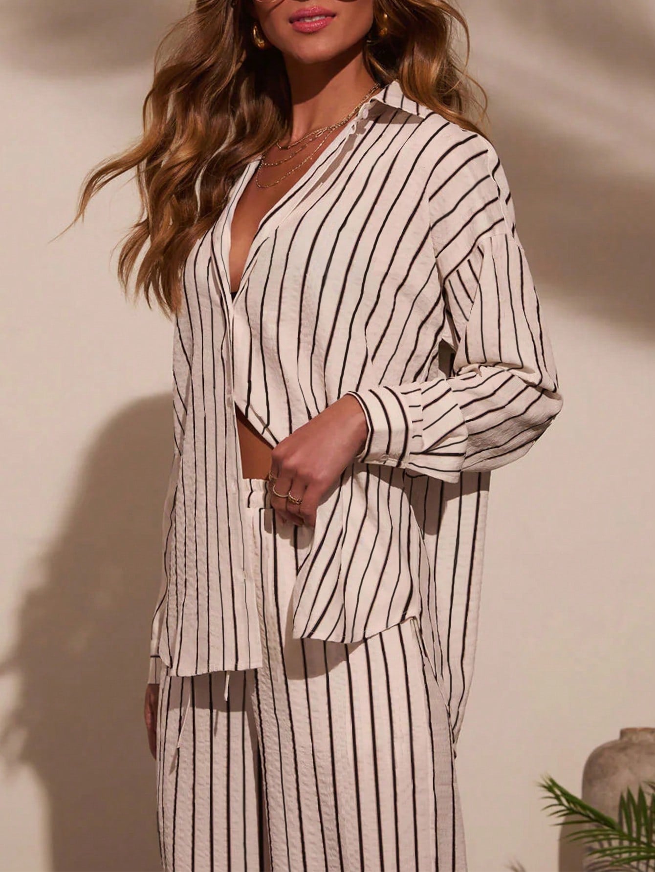 Oversized Striped Button Down Pants Set
