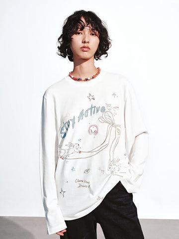 Urban Revivo Printed Long Sleeve T-Shirts-White
