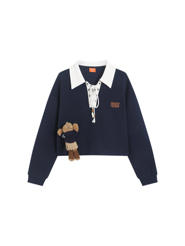 Oversized Lace Up Collar Sweatshirt