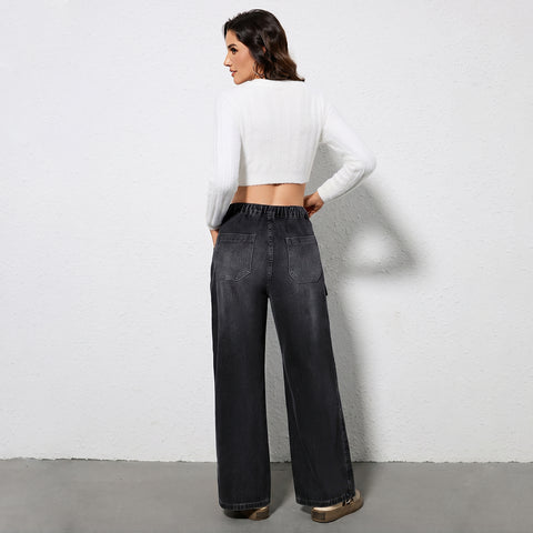 Drawstring High Waisted Cargo Jeans