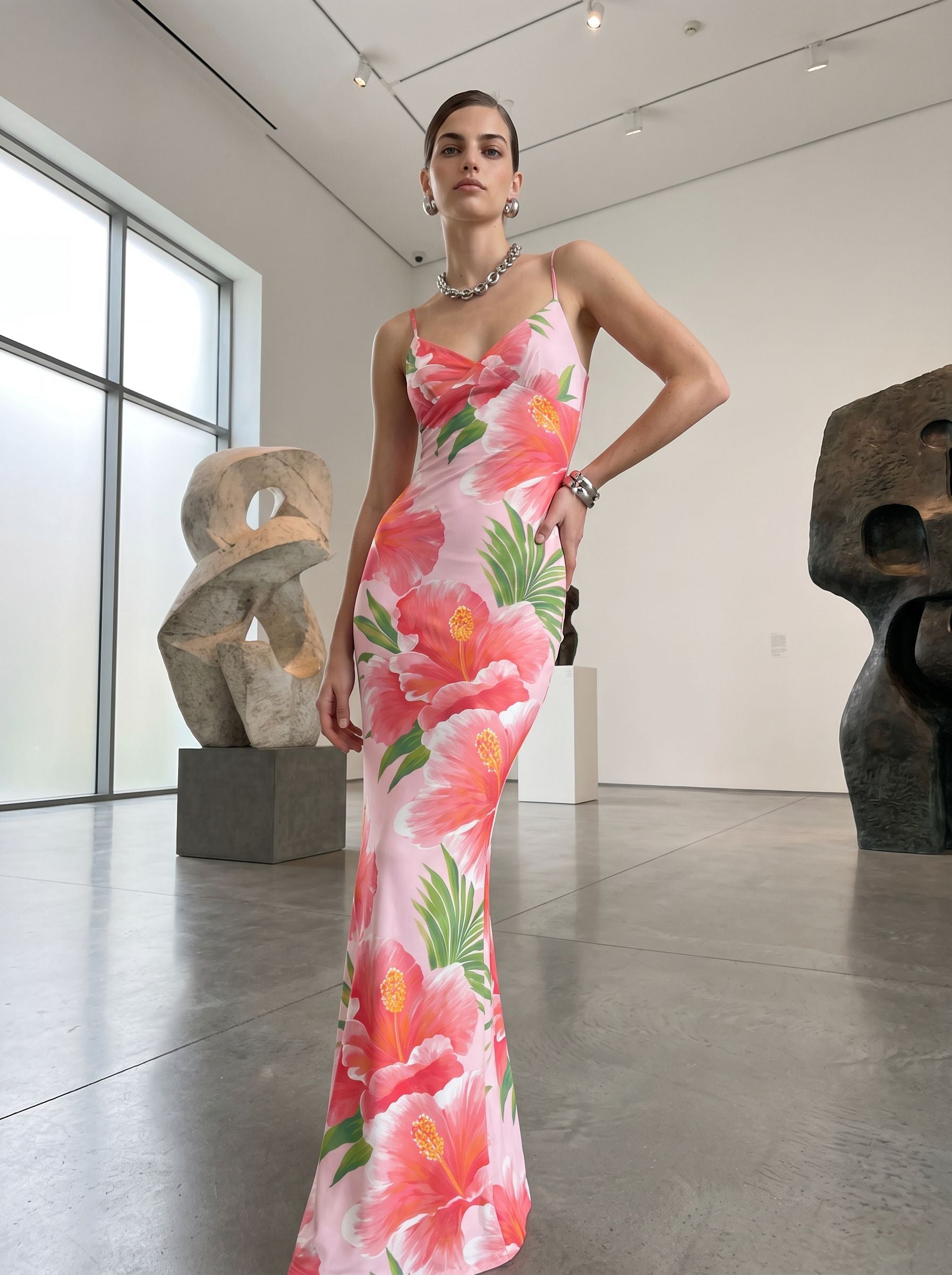 elainefox536's Pink Hibiscus Print Maxi Dress