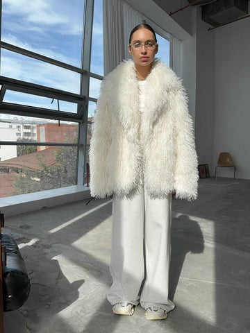 Fluffy White Faux Fur Coat