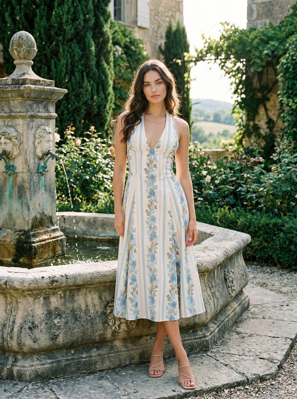 AURELIA Floral Print Halter Neck Tie Back Midi Dress