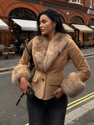 Cozy Faux Fur Trim Suede Jacket