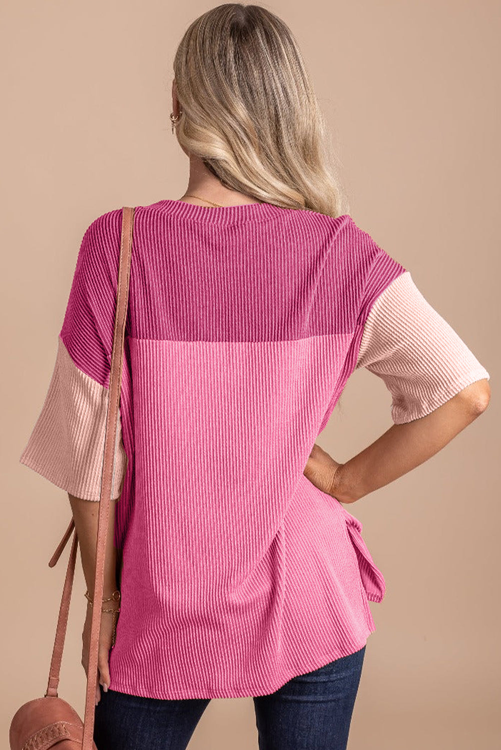 Colorblock Ribbed Knit Casual T-Shirt