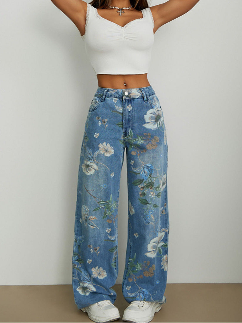 Floral Print Wide Leg Jeans