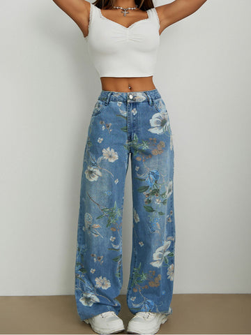 Floral Print Wide Leg Jeans