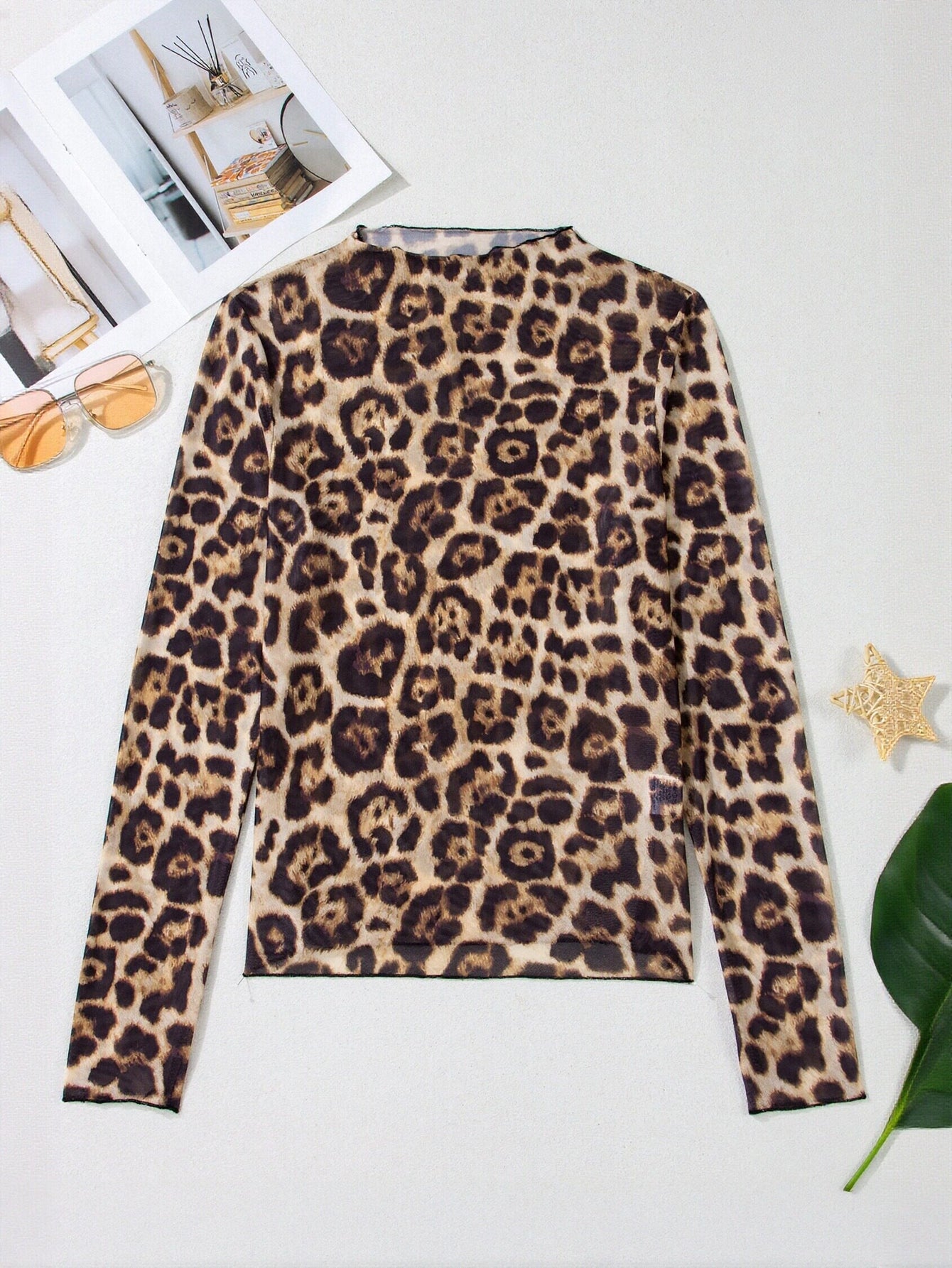 Sheer Leopard Print Mock Neck Tee