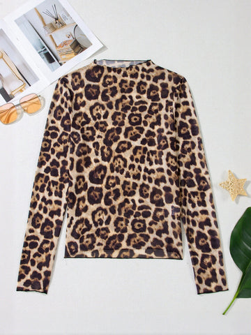 Sheer Leopard Print Mock Neck Tee