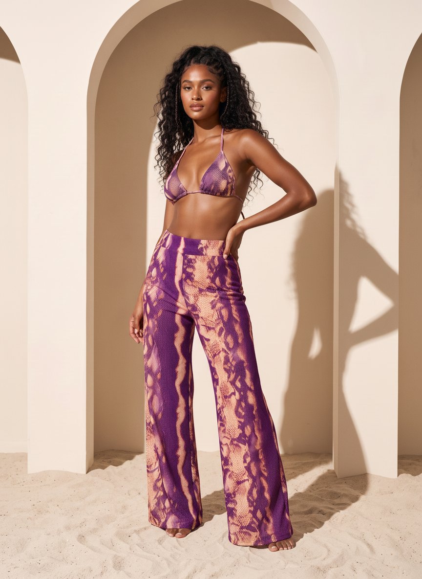 Purple Snakeskin Pattern Wide Leg Pants