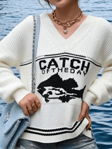 Oversized Graphic V Neck Knit Sweater