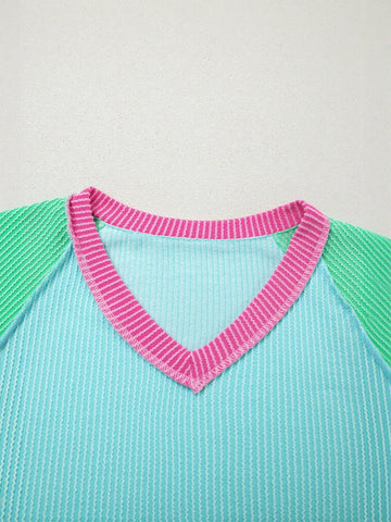 Colorblock Ribbed V Neck T Shirt
