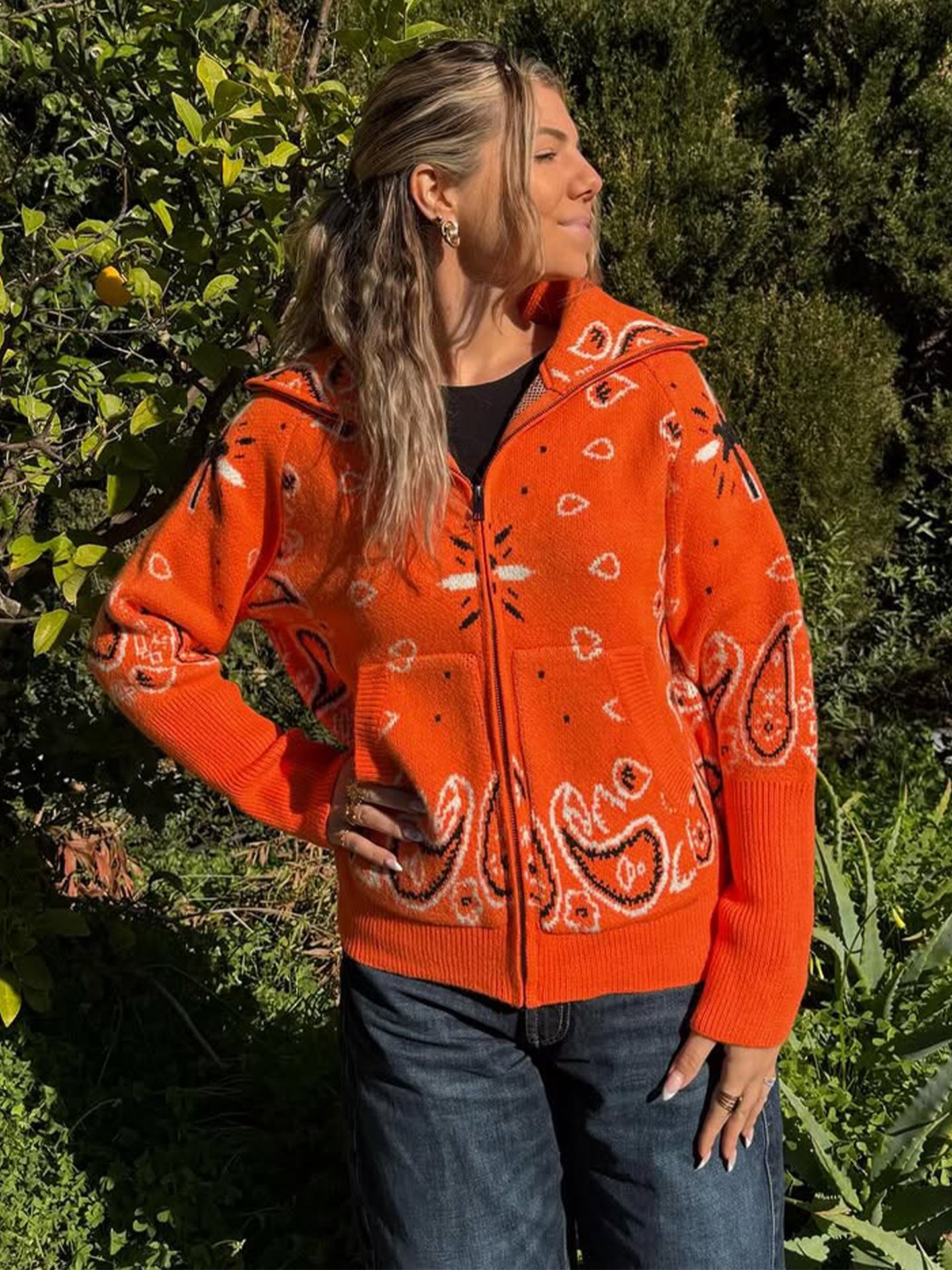 Boho Paisley Print Zip Cardigan