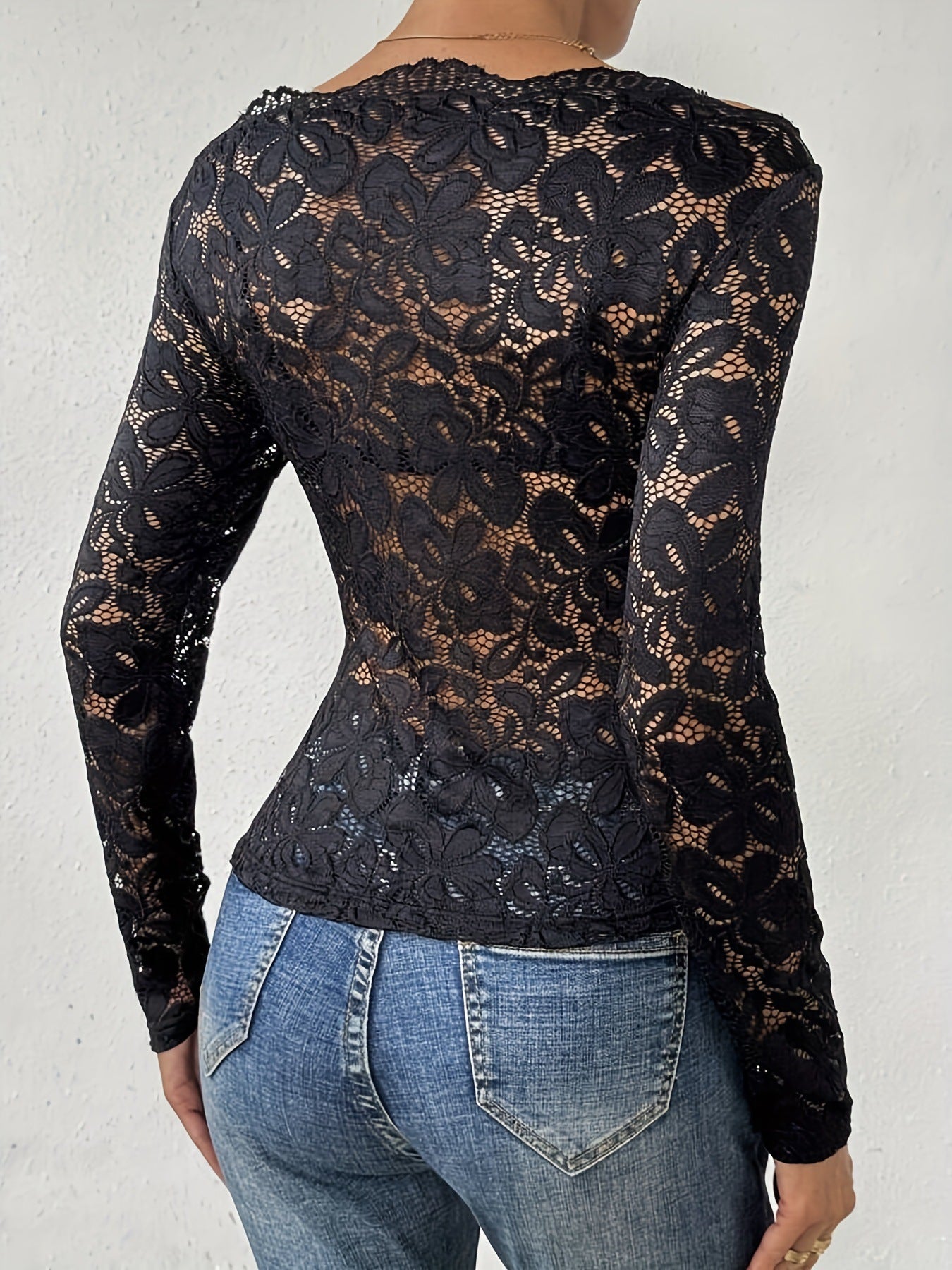 Elegant Sheer Lace Long Sleeve Top