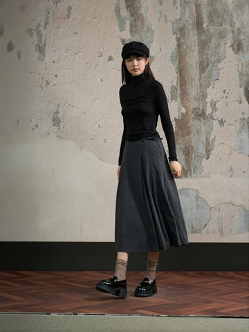 High Waisted Pleated Wool Midi Skirt
