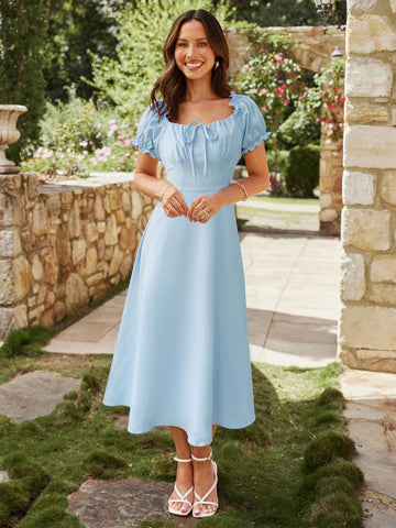 Square Neck Ruffle Sleeve Midi Dress