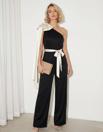 One-Shoulder Bow-Detail Cinched-Waist Evening Jumpsuit