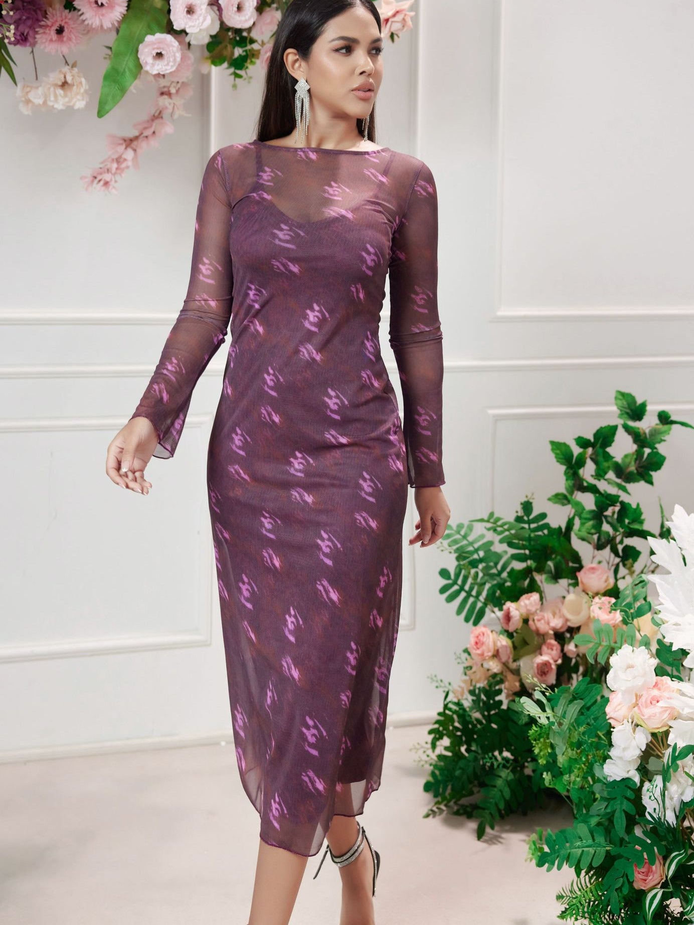 Floral Print Long Sleeve Mesh Evening Dress-Purple