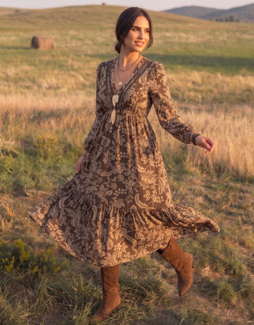 Boho Floral V Neck Midi Dress