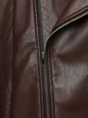 Oversized Brown Faux Leather Moto Jacket