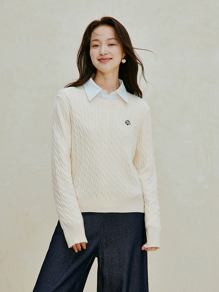 Embroidered Cable Knit Wool Blend Sweater