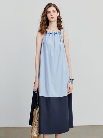Two Tone Shirred Bodice Summer Midi Dress