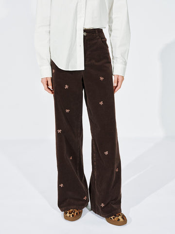 Urban Revivo Bow Printed Wide Leg Jeans-Dark Brown