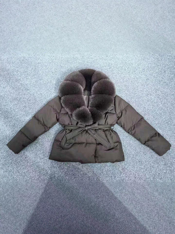 Faux Fur Collar Belted Puffer Jacket