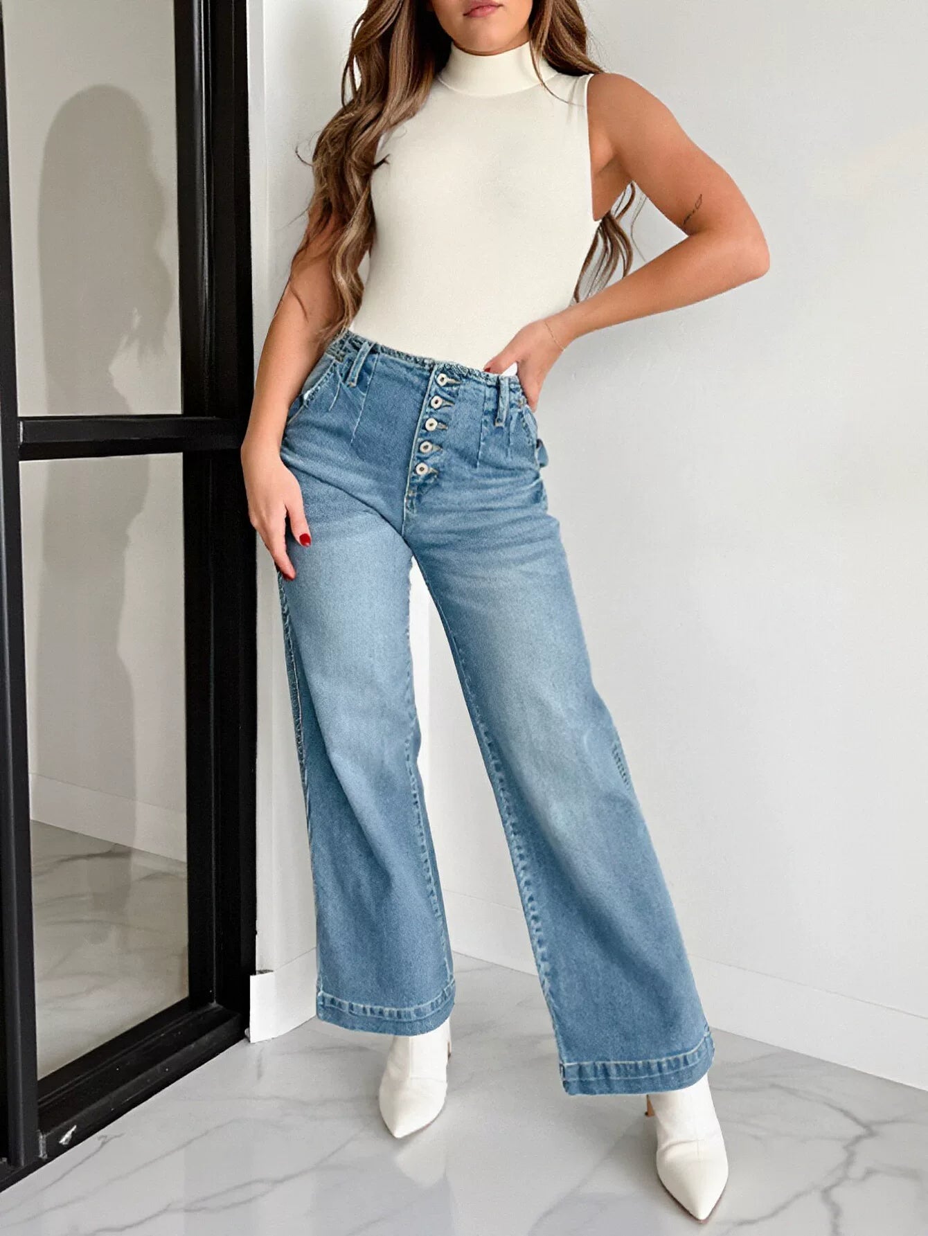 High Rise Button Fly Wide Leg Jeans