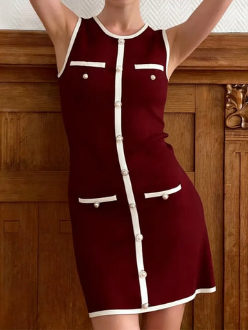 Pearl-Button Piping-Trim Sleeveless Daily Mini Dress