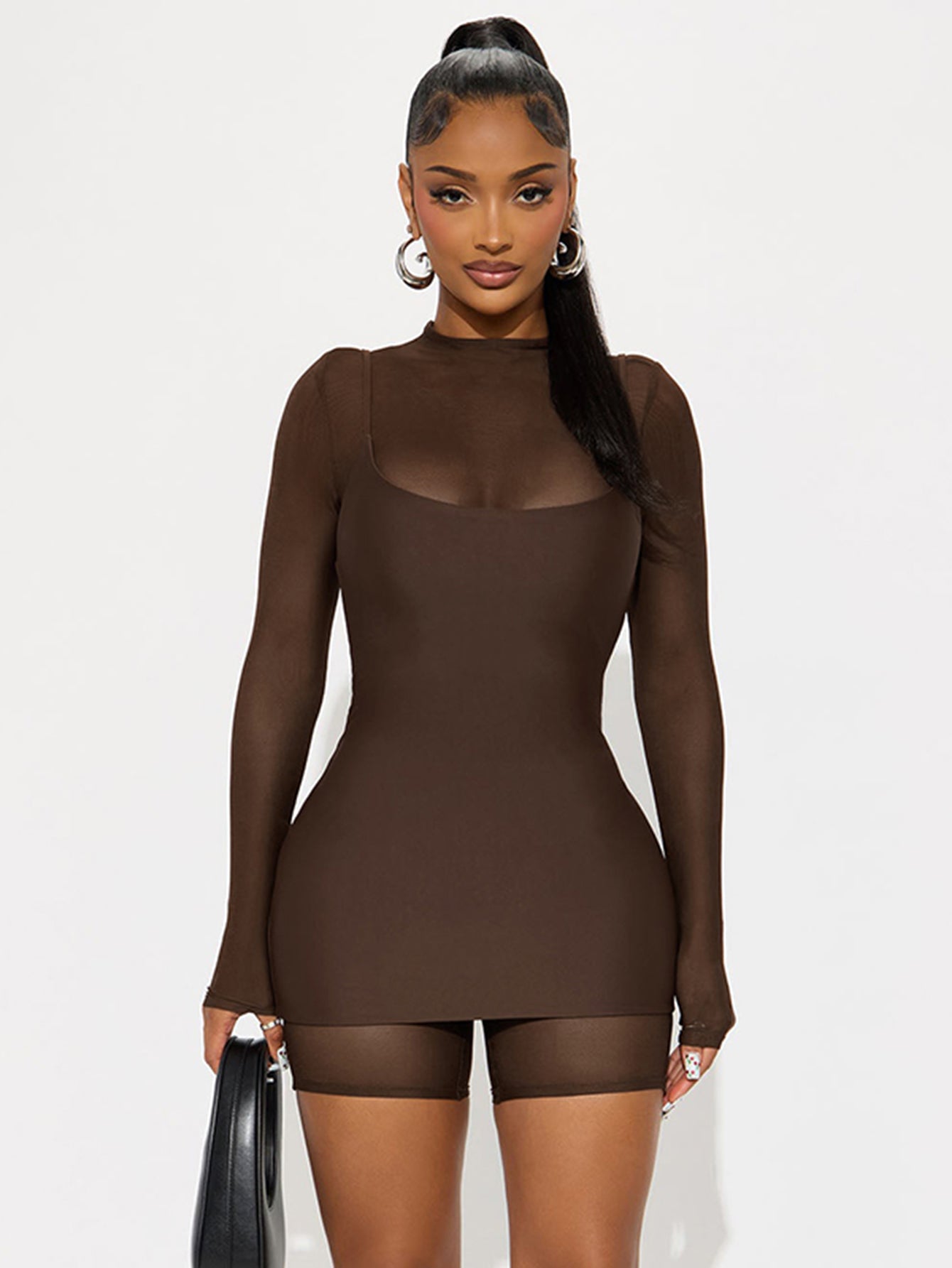 Sheer Sleeve Cropped Top Sexy Shorts Set