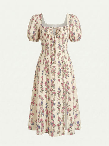 Floral Print Puff Sleeve Tie MidiDress